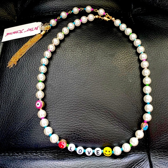 Betsey Johnson LOVE Pearl Rainbow Gold Tone Tassel Extender Collar Necklace NWT - Picture 3 of 14